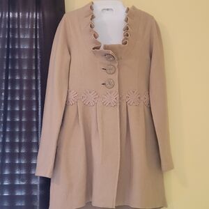 Anthropologie Tan Trench Coat with Ruffle Collar